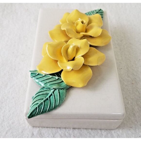 Vintage Porcelain Vanity yellow rose leaf Floral Trinket Jewelry Box Embossed - Picture 2 of 14